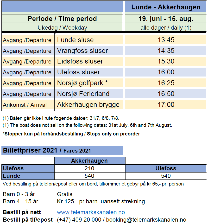 Timetables and prices - Telemarkskanalen